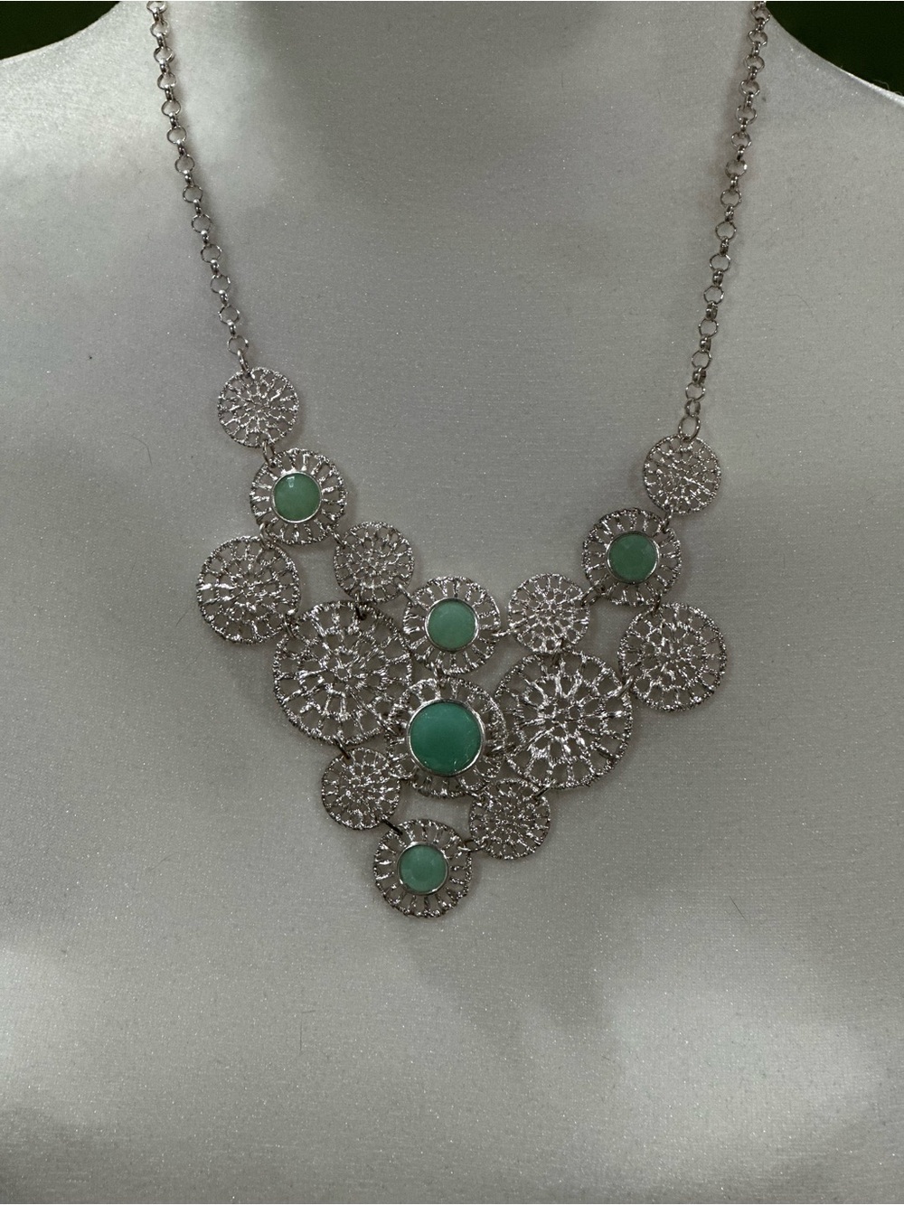 Premier Designs Silver Filigree Necklace with Green Stones